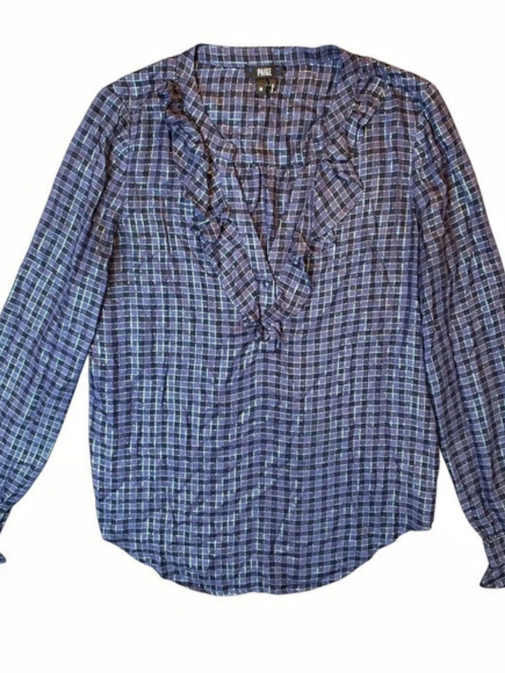 PAIGE Amalfi Ruffle Blouse in Crown Blue Metallic Gingham Medium Preppy